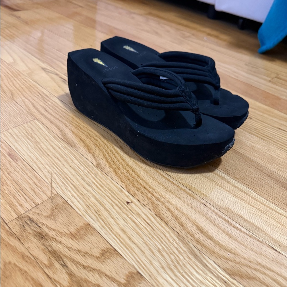 Volatile Black Platform Flip Flop Wedge Sandals